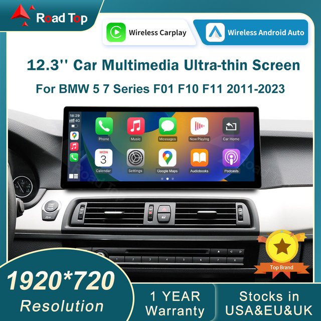 RoadTop Kabelloses CarPlay Multimedia-Radio für BMW 5er Serie F10 F11 G30 (2011-2023) mit 12,3 Zoll Linux-Bildschirm in Schwarz - Bild 1