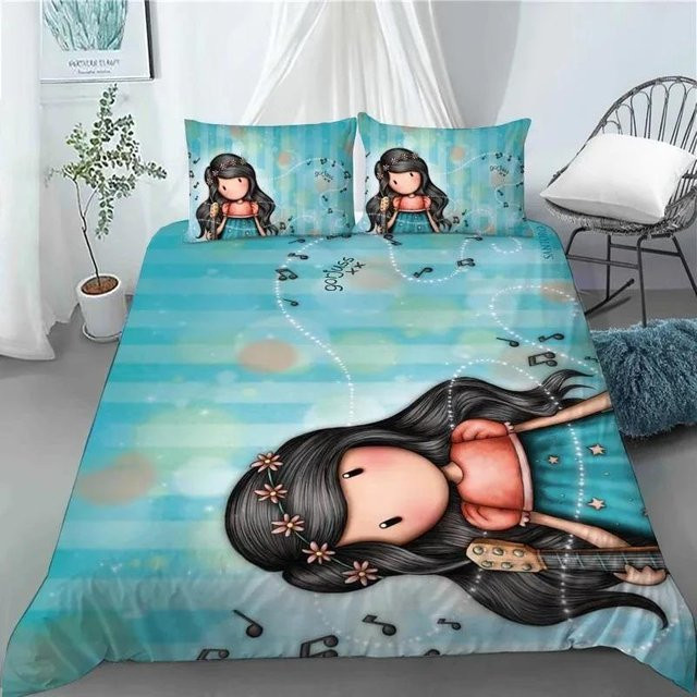 Santoro Gorjuss Bettwäsche-Set mit Anime-Mädchen Design in Blau, bestehend aus Bettbezug und Kissenbezügen aus Mikrofaser - Bild 1