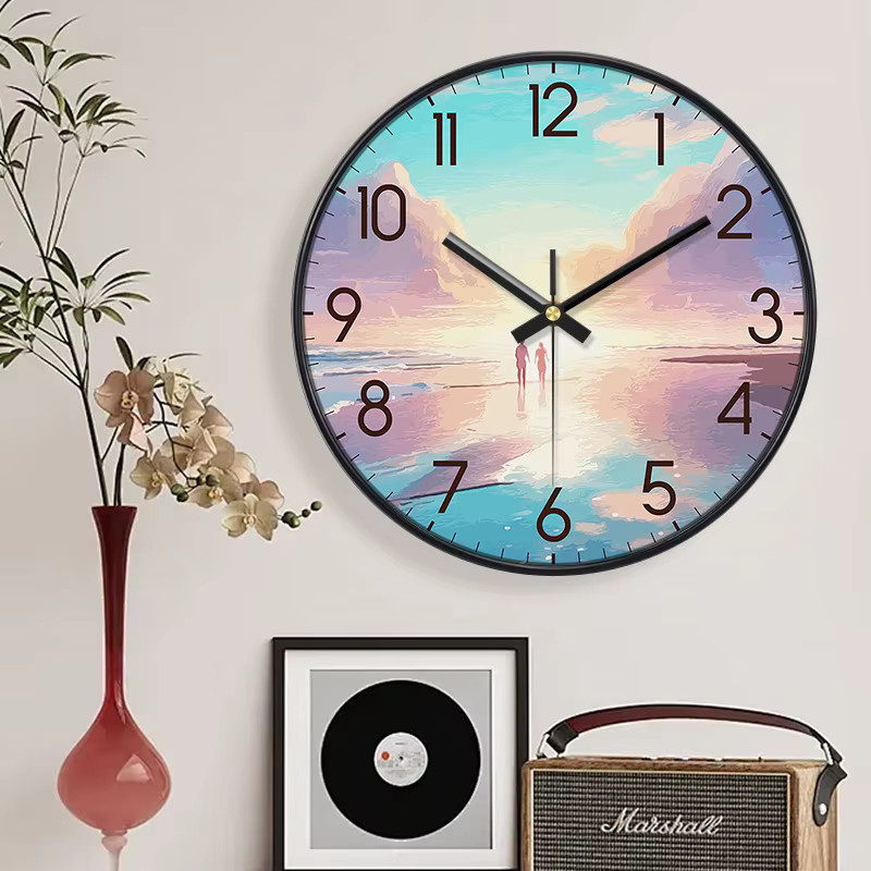 Geräuschlose Wanduhr von P.Chuang mit Strand-Sonnenuntergang-Motiv in Schwarz und Multicolour, analoge Runduhr mit Glas für dein Wohnzimmer oder Schlafzimmer - Bild 2