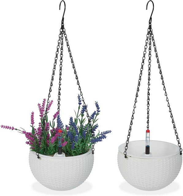 Relaxdays Blumenampel 2er Set in Weiß und Schwarz mit Wasserspeicher und Wasserstandsanzeige aus Kunststoff und Eisen, Höhe: 54 cm, Durchmesser: 18,5 cm - Bild 1