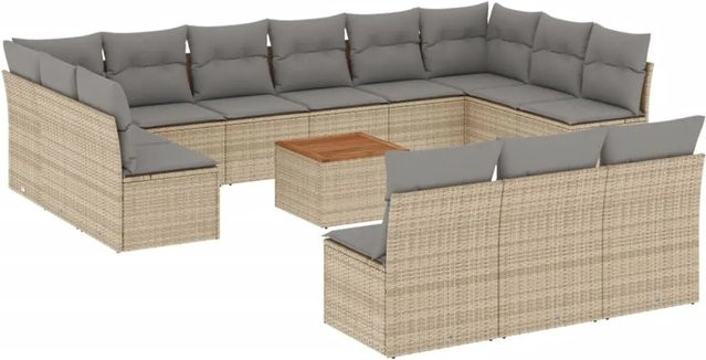 vidaXL 14-teilige Garten-Sofagarnitur in U-Form aus Polyrattan und Akazienholz mit Kissen in Beige - Bild 1
