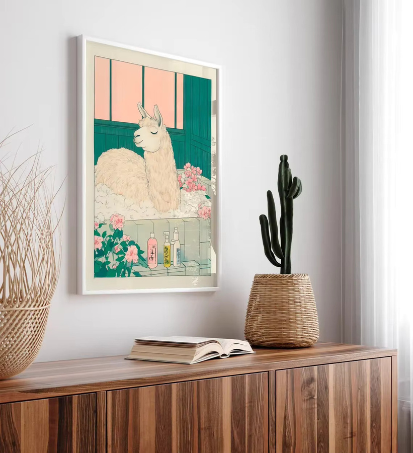 Ukiyo-e Llama Bathtime Wanddekor SHENCHEN - Japanischer Holzschnitt-Stil Poster mit Lama in rosa Schaumbad, Mehrfarbig - Bild 3