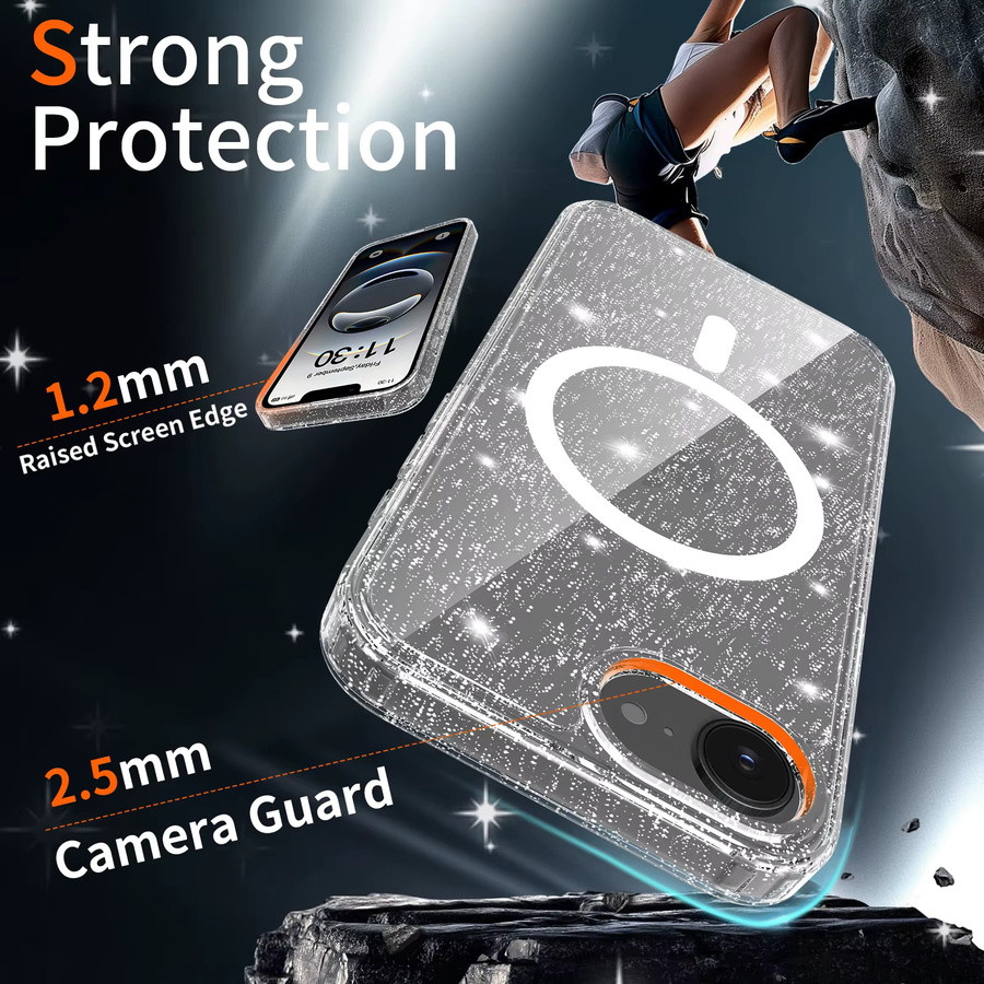 NYFundas Magnetische Transparente Glitzer-Handyhülle mit MagSafe für iPhone 17E 16E 17 Air 16 Pro Max 15 Plus 14 13 Anti-Vergilbung Handycover - Bild 3