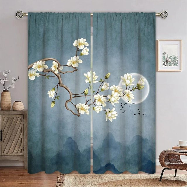 Vintage Vorhänge mit Perlen- und Diamant-Blumenmuster in Gold und Blau, halbtransparent, 2er-Set, Breite: 65 cm, Höhe: 60 cm - Bild 1