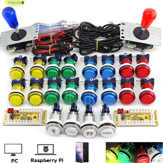 Seimistu 2-Spieler DIY Arcade Spiel-Kit für PC und Raspberry Pi mit LED-Drucktasten, Joystick im amerikanischen Stil und USB-Encoder-Kabel in Multicolour - Bild 1