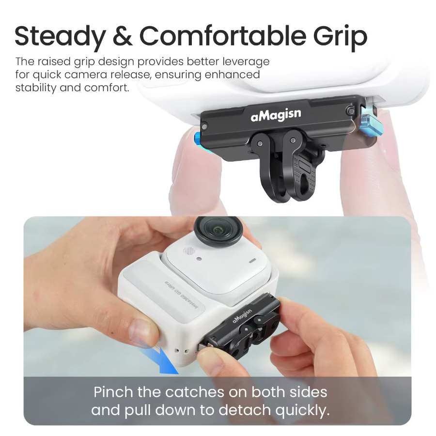 aMagisn Metall-Schnellverschluss-Halterung 2.0 für Insta360 GO Ultra in Schwarz mit Sicherheitsverriegelung und Anti-Shake-Stabilisierung - Bild 2