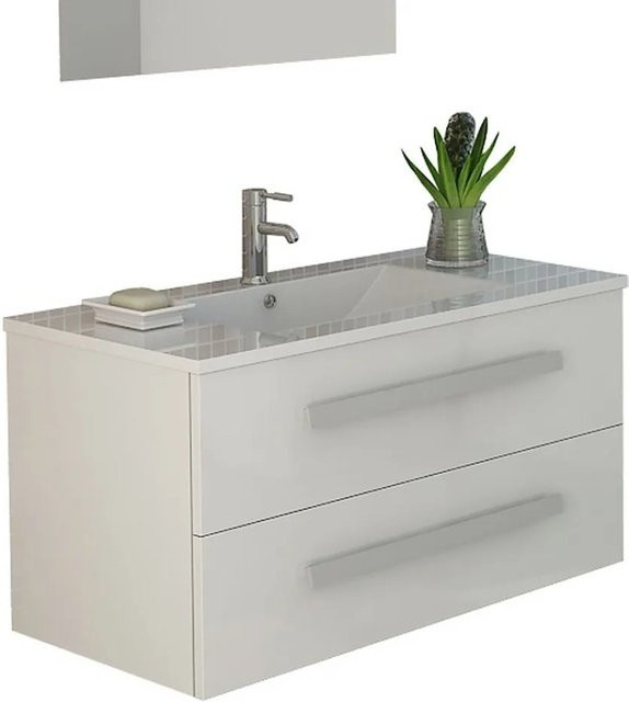Jet-Line Badset Rapperswil in Weiß Hochglanz mit Unterschrank und Keramit Waschbecken, Breite: 90 cm - Bild 1