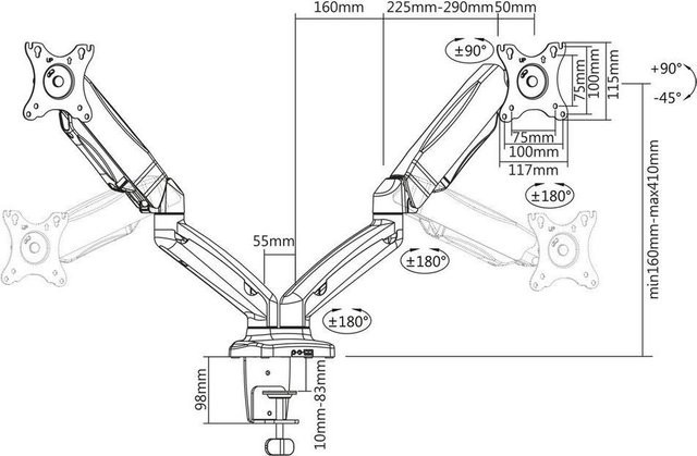 ACT AC8312 Monitorhalterung für 32 Zoll Flachbildschirme, Tischhalterung mit Klemme oder Bolzen, Schwarz, VESA 75 x 75 mm - Bild 2