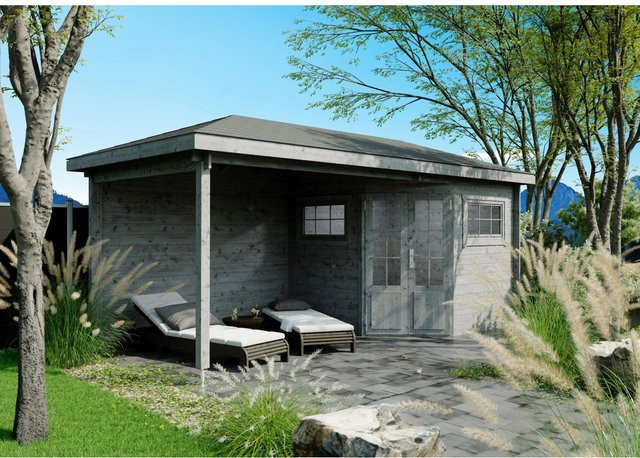 Fjordholz Gartenhaus Evelyn 2C 5-Eck Log Cabin in Grau, imprägniertes Holz mit Fenster und Tür - Bild 1