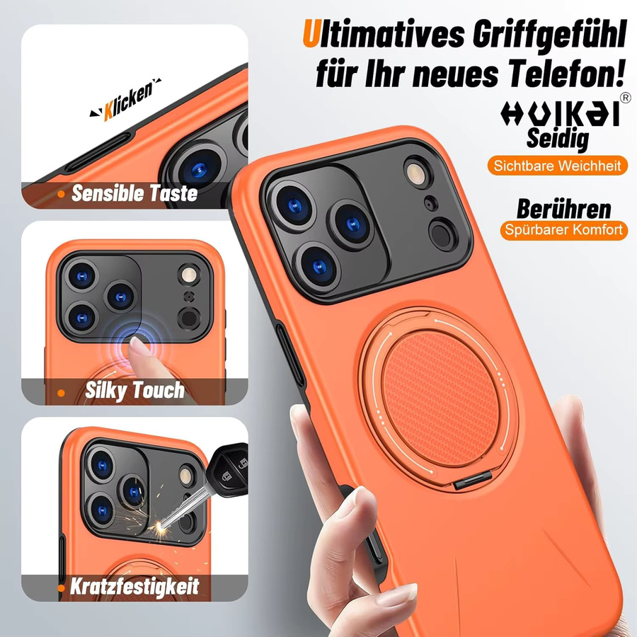 Huikai Magnetische Schutzhülle mit Ringhalter und Ständer für iPhone 17 Pro Max, iPhone 17 Pro und iPhone 16 Pro Max, doppellagig und stoßfest, Schwarz oder Orange - Bild 2
