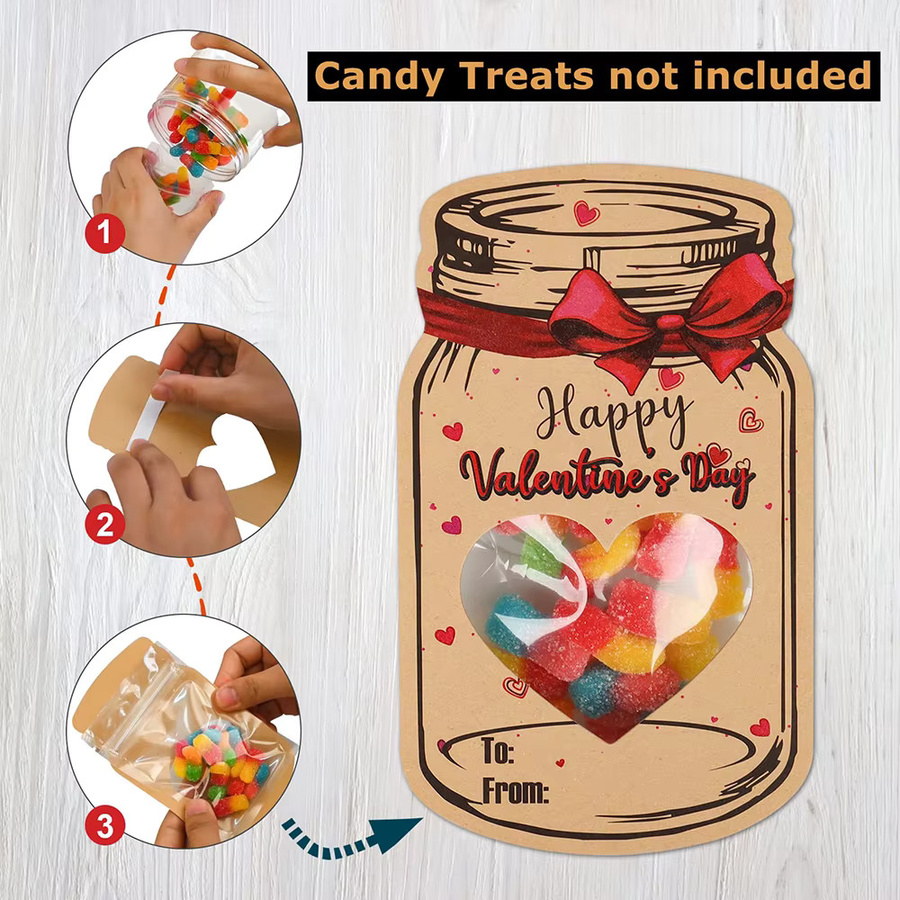 24er Set Kraft Candy Jar Valentinstag Karten mit transparenten versiegelten Taschen für Klassenzimmer und Partys - Bild 3