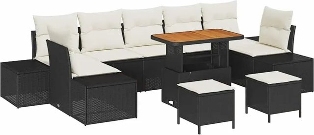 vidaXL Garten-Sofa-Set aus Poly-Rattan in L-Form mit 10-teiligem Set, Polsterkissen und Couchtisch, Schwarz und Beige - Bild 1