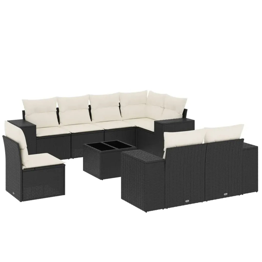 vidaXL 9-tlg. Garten-Sofagarnitur in L-Form aus Poly-Rattan und pulverbeschichtetem Stahl mit Kissen in Schwarz-Creme - Bild 2