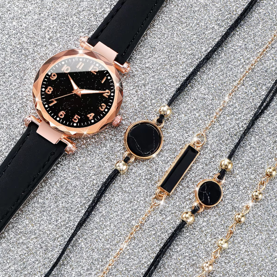 Armbanduhr Set, Quarz, Leder, Schwarz, Damen - Bild 3