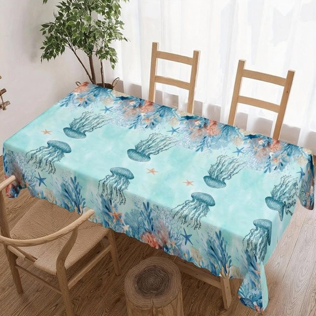 Wasserdichte quadratische Tischdecke von JINGYUE Pet mit blauem Quallenmotiv aus Polyester, B/B: 140 x 140 cm - Bild 1