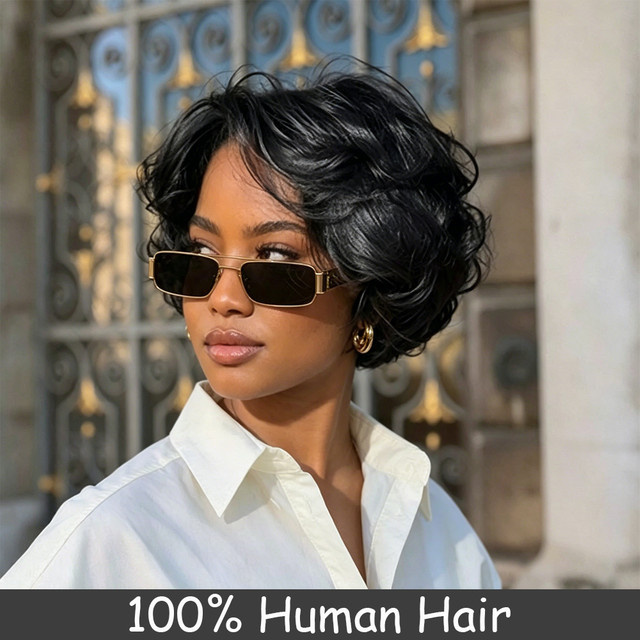 OYM HAIR Pixie-Schnitt-Perücke, kurze lockige Echthaar-Perücke, Damen - Bild 1