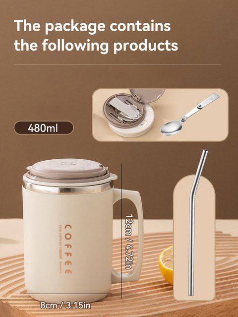 WORTHBUY Kaffeetasse aus Edelstahl mit Strohhalm und Löffel, beige, 480 ml - Bild 1