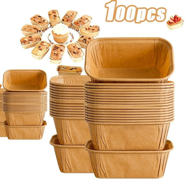 100 Stück YOCITY Backförmchen aus ölfestem Karton in Beige, rechteckige Kuchen- und Brotboxen mit Rillenrand für Muffins und Brot, B/T/H: 11,0 x 4,0 x 4,0 cm - Bild 1