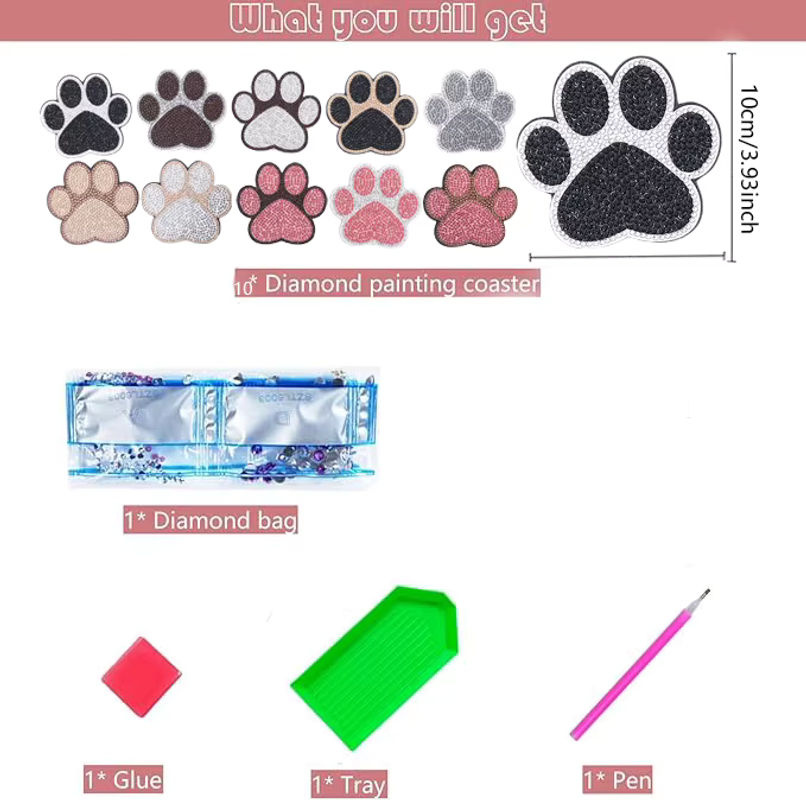 10-teiliges DIY-Diamant-Malerei-Kunstset mit Katzenpfotenmuster als Untersetzer, mehrfarbiges Mosaik-Handwerk aus Kunststoff in unregelmäßiger Form - Bild 2