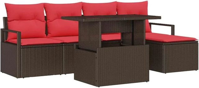 vidaXL 6-teiliges Gartensofa-Set aus Poly-Rattan in Braun und Rot mit L-Form, Polsterung und integriertem Stauraum für Terrasse und Garten - Bild 1