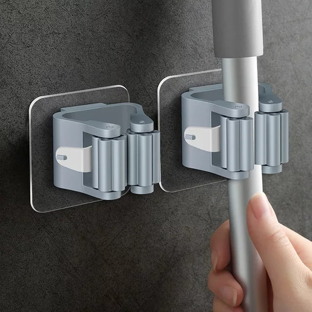 BRUSHZAZA Wandmontierte Mopp-Halterung und Besenhalter Set aus Kunststoff in Weiß und Grau - Bild 1