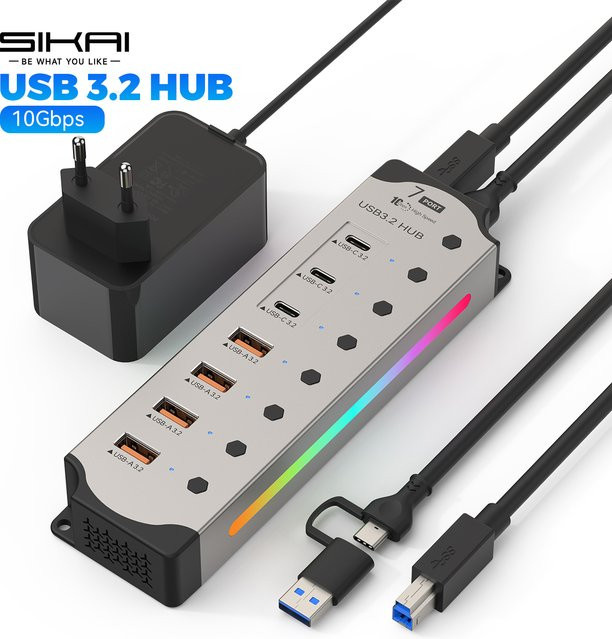 MOSHOU USB-Hub aus Aluminium mit 7 Ports, 10 Gbit/s, USB-A und USB-C 3.2, Silber, inklusive 12-V-Netzteil und individuellen Ein-/Aus-Schaltern für Laptop und PC - Bild 1