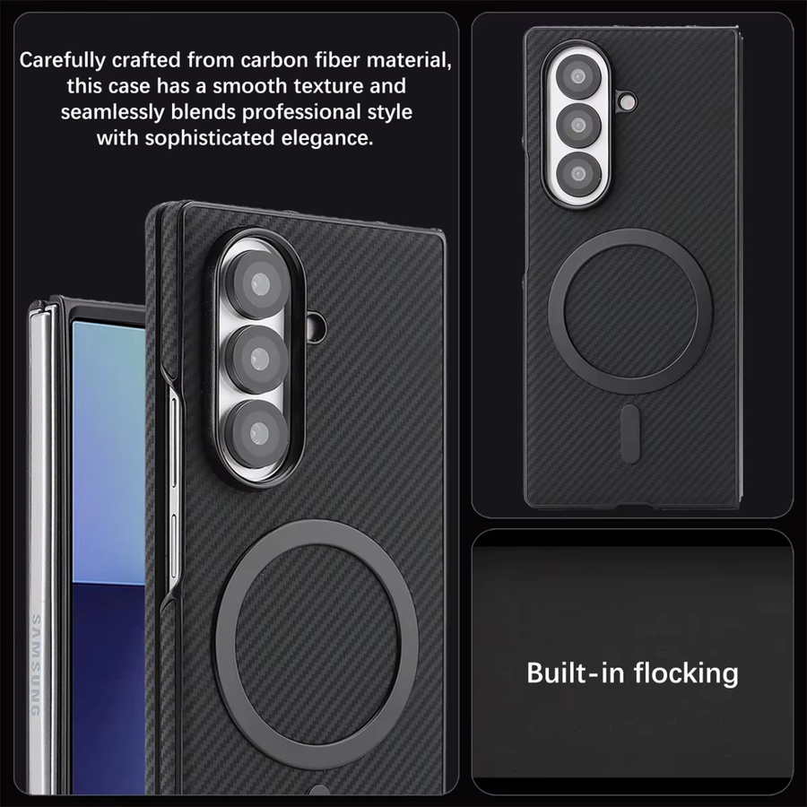 Ultradünne Samsung Galaxy Z Fold 7 6 5 4 3 Hülle aus Kohlefaser-Leder in Schwarz mit MagSafe-Unterstützung und Retro Business Design - Bild 2