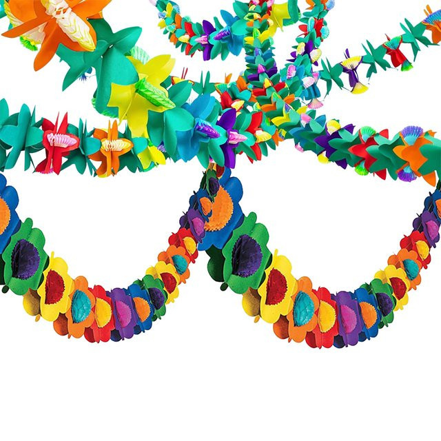 PartiesTour Hawaiianische Luau Hibiskusblüten Lei Girlande aus Papier, mehrfarbig, tropische Blumen-Dekoration für deine Hawaii Party - Bild 1