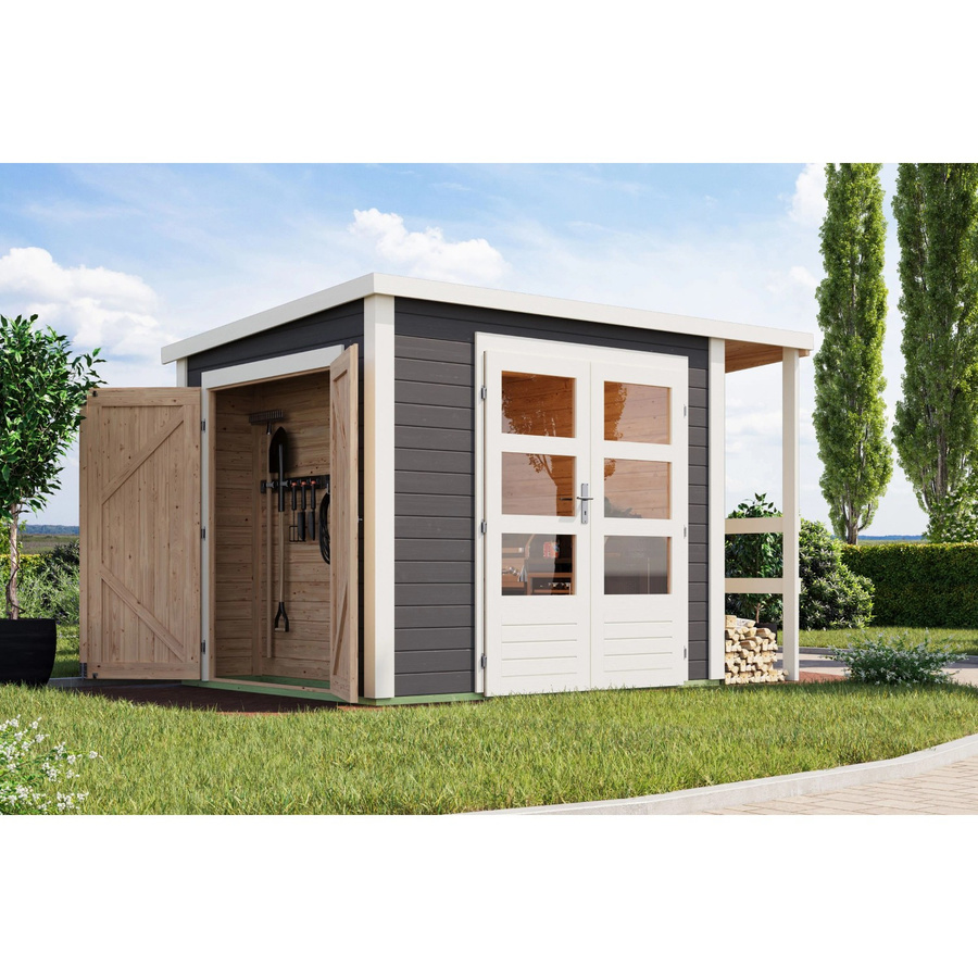 Karibu Gartenhaus mit Schrank und Anbaudach in Terragrau, B/T/H: 209 x 241 x 199,6 cm - Bild 2