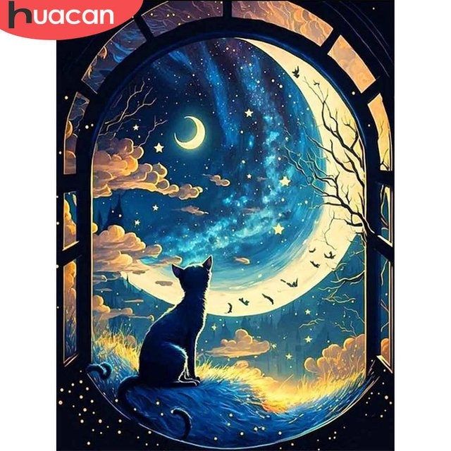 Huacan Diamant-Gemälde Katze in Mondlandschaft als Diamant-Stickerei Mosaik, Rechteckig, B: 40 cm, H: 30 cm, T: 20 cm - Bild 1
