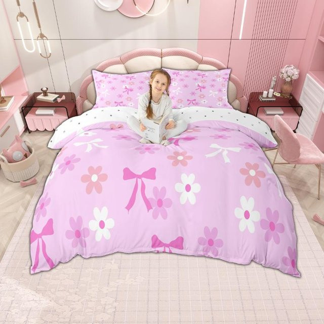 Homewish Bettwäsche-Set mit Schleifenknoten für Mädchen in Pink, 3-teiliges Microfaser-Bettbezug-Set mit Deckenbezug und Kissenbezügen, Breite: 200 cm, Tiefe: 200 cm - Bild 1