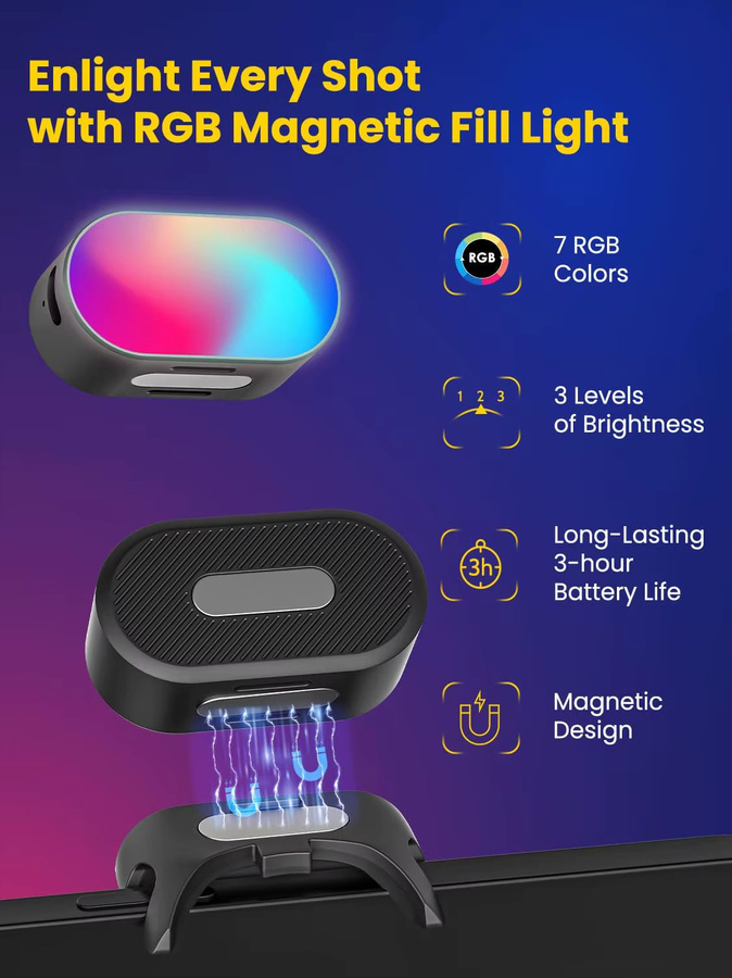 AOCHUAN Magnetisches Mini-RGB-Gimbal LED-Videofotografie-Licht in Schwarz mit 3 Helligkeitsstufen und 7 Farben für Telefon-Selfies - Bild 2