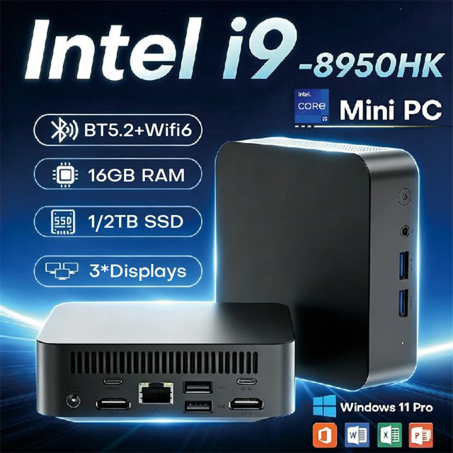 Mini Gaming PC Desktop Computer mit Intel Core i9 8950HK, Windows 11 und 1TB SSD in Schwarz - Bild 1