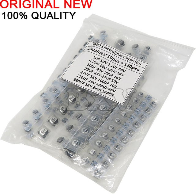 BXV SMD Aluminium-Elektrolytkondensator Sortiment-Kit, 130 Teile in Silber, 13 Werte à 10 Stück von 1uF bis 220uF - Bild 1