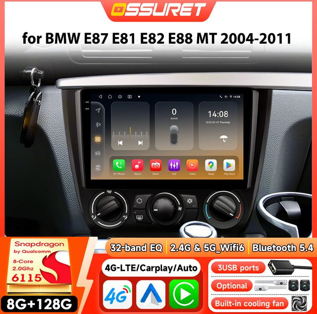 OSSURET Multimedia Autoradio mit Wireless CarPlay, 4G, WiFi, GPS und DSP für BMW 1 E87 E81 E82 E88 (2004-2011), Schwarz - Bild 1