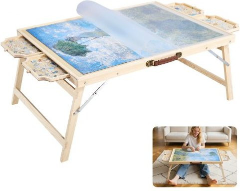 VEVOR Puzzeltisch aus Kiefernholz mit 4 Schubladen und Abdeckung, tragbares Puzzlebrett mit klappbaren Beinen für Erwachsene, B/T: 86 x 63 cm, Beige - Bild 1