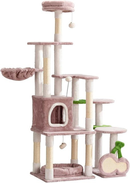 Fudajo Kratzbaum Kirschen in Rosa mit Höhle und Spielzeug aus Plüsch und Sisal, Höhe: 162 cm - Bild 1