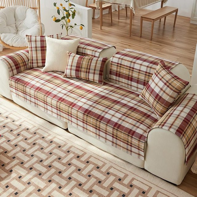 Your Warm Home Sofabezug aus Baumwolle und Leinen mit Karomuster in Rot und Beige, B/H: 85 x 160 cm - Bild 1