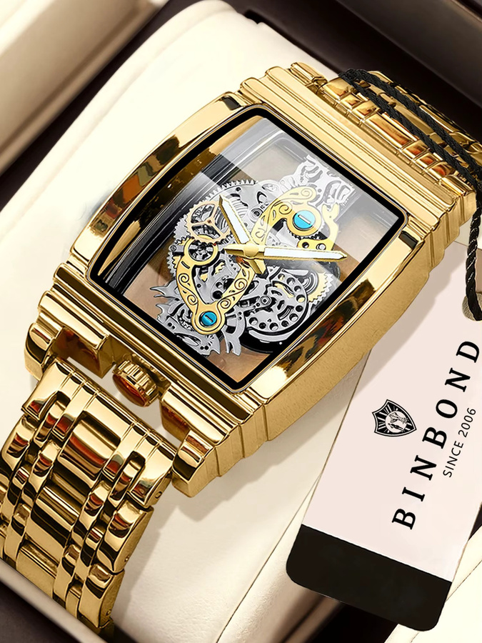 BINBOND Armbanduhr Quarz, Edelstahl, Gold, Herren, Rechteckig - Bild 7
