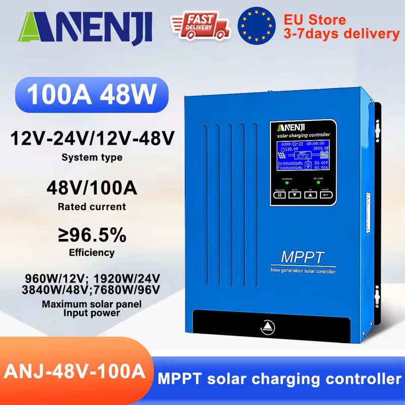 ANENJI 100A Solarladeregler für 12V/24V/36V/48V Batterien mit LCD-Hintergrundbeleuchtung und BTS-Funktion, Blau - Bild 5