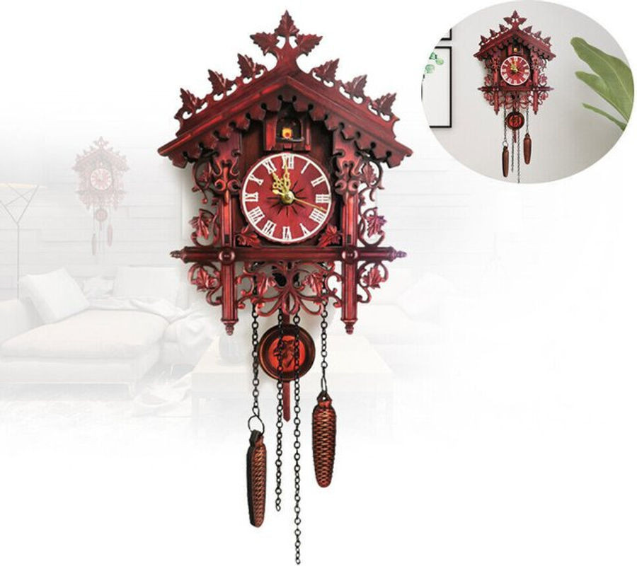 Vintage Kuckucksuhr aus Holz mit Pendel in Braun und Rot, analoge Wanduhr im antiken Design - Bild 1