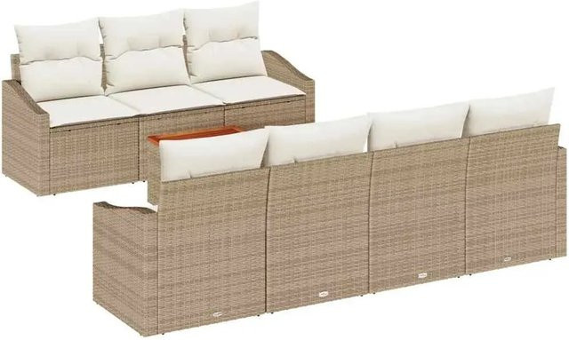 vidaXL Garten-Sofa-Set 8-teilig aus Polyrattan und Akazienholz in Beige und Weiß mit Polstern und UV-Beständigkeit - Bild 1