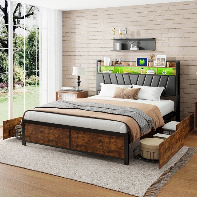 Polsterbett Doppelbett mit LED-Beleuchtung und 4 Schubladen in Schwarz, B/T: 180 x 200 cm - Bild 1