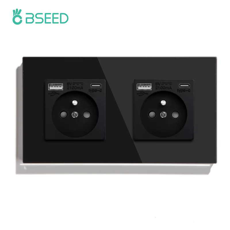 BSEED Doppelsteckdose nach französischem Standard mit USB-Typ-C-Anschluss und Kinderschutz aus Kristallglas, 16 A - Bild 1