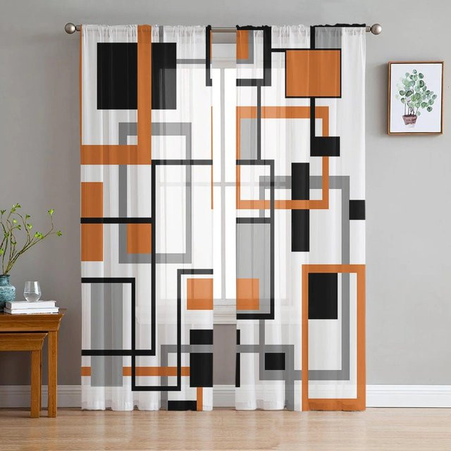 A Family Of Home Textiles Transparenter Tüllvorhang Retro Nordic Geometric Abstract in Orange und Schwarz, Breite: 135 cm, Höhe: 114 cm - Bild 1