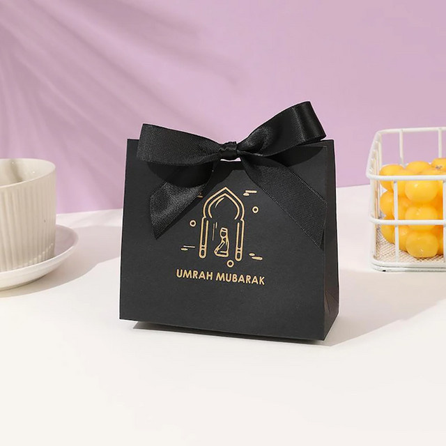 5 Stück Umrah Mubarak und Hadj Mubarak Geschenkboxen aus Papier in Schwarz für Ramadan und Iftar Dekoration - Bild 1