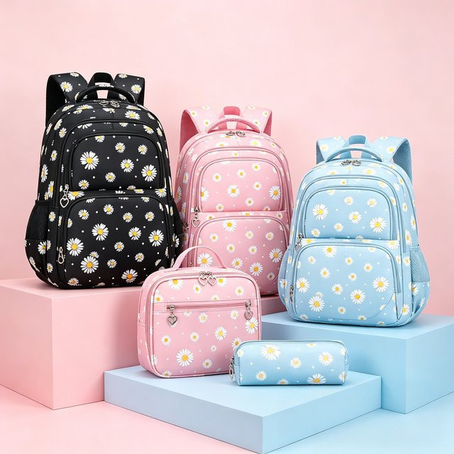 3-teiliges Schultaschen-Set für Mädchen mit Rucksack, Lunchbox und Federmäppchen in Blau und Schwarz - Bild 1