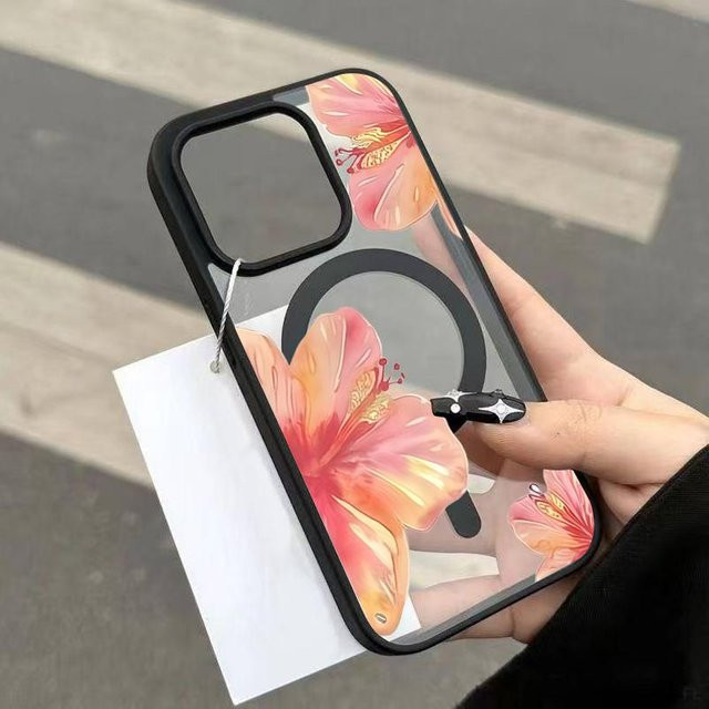 Magnetische iPhone Handyhülle mit Aquarell Hibiskusblüte Design von Binchi Health Electronics, stoßfeste Rückseite, multicolor und transparent - Bild 1