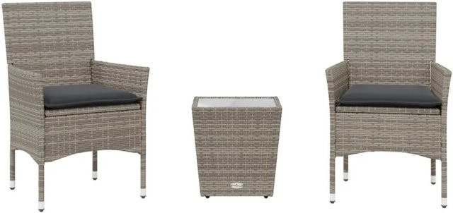vidaXL 3-teiliges Bistro-Set aus grauem Poly-Rattan mit Kissen und Glastisch für Garten, Balkon oder Hinterhof - Bild 1