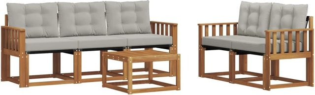 vidaXL Outdoor-Sofagarnitur 6-teilig aus Akazienholz mit Textilene und Kissen in Natur und Hellgrau - Bild 1